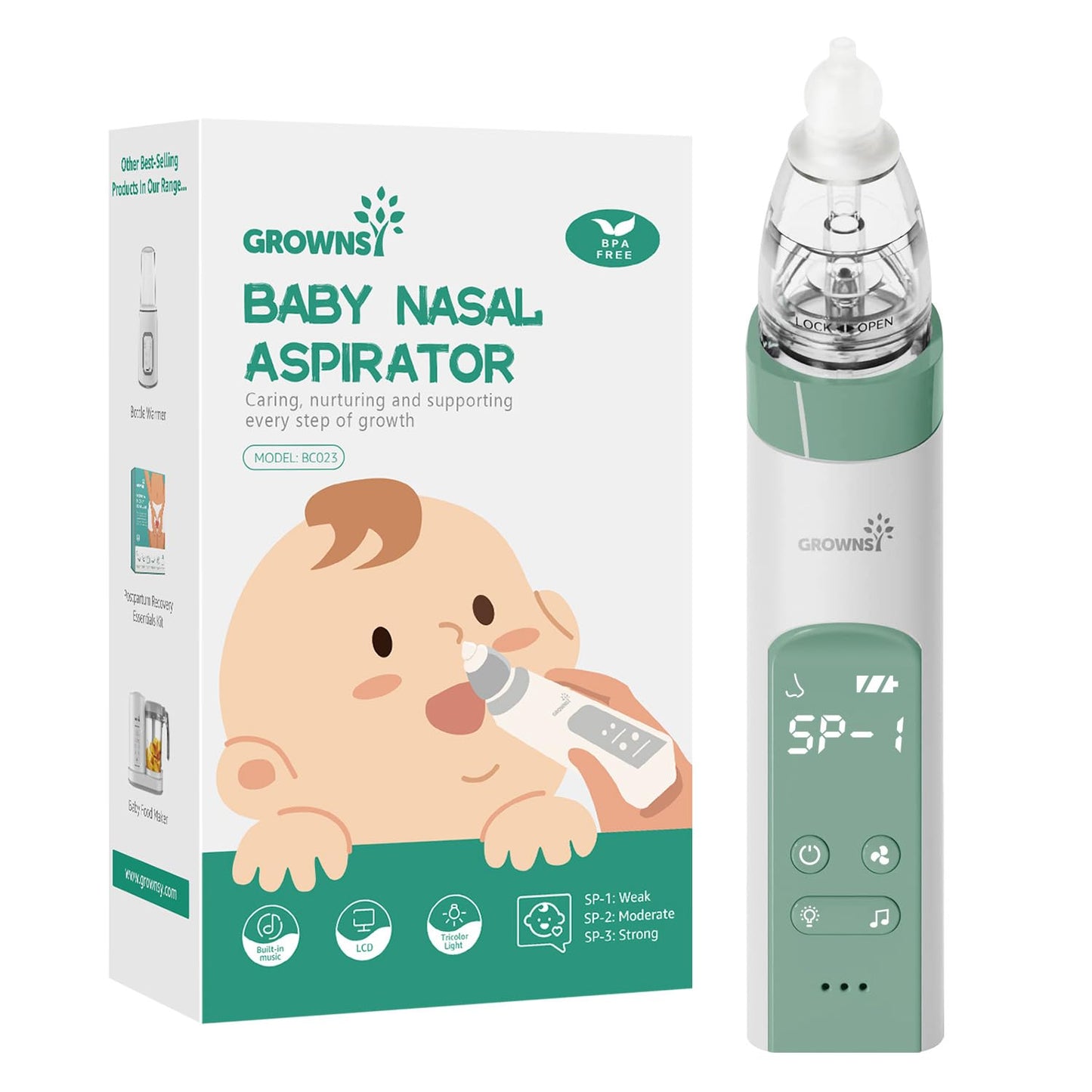 GROWNSY Nasensauger Baby | Nasensauger Baby Elektrisch| Nasensauger Baby Staubsauger Wiederaufladbar, Mit 3 SaugstäRken Musik & Licht Beruhigender Funktion Und 3 GrößEn Silikon Tipps