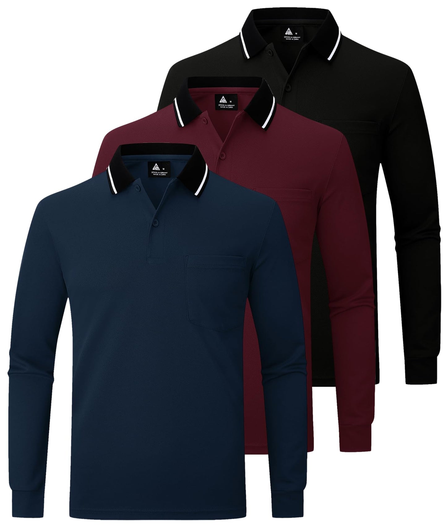 JACKETOWN 3er Pack Poloshirt Herren Langarm Atmungsaktiv Poloshirt Set Knopfkragen Arbeitshemd Golf Polohemd Frühling Herbst Arbeits T Shirt mit Tasche