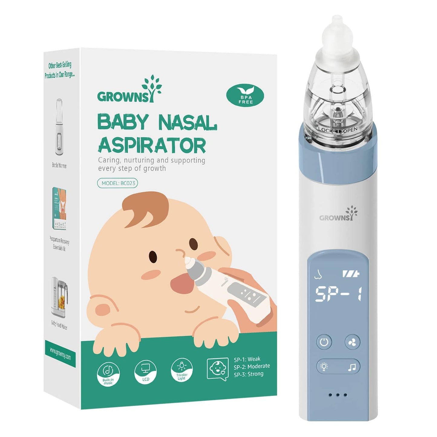 GROWNSY Nasensauger Baby | Nasensauger Baby Elektrisch| Nasensauger Baby Staubsauger Wiederaufladbar, Mit 3 SaugstäRken Musik & Licht Beruhigender Funktion Und 3 GrößEn Silikon Tipps