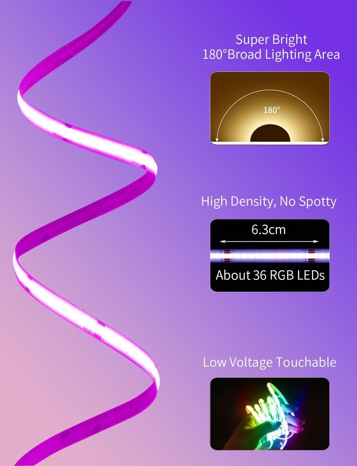 BUNACET COB RGB LED Strip 6M 24V Dimmbar, LED Streifen 3456 LEDs, Leiste Band Stripes Lichtband mit Netzteil RF Fernbedienung & APP Bluetooth für Küche Schlafzimmer Deko