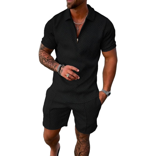 Herren Sportanzug Sommer Trainingsanzug Kurzarm Reißverschluss Top und Shorts Kleidung Set