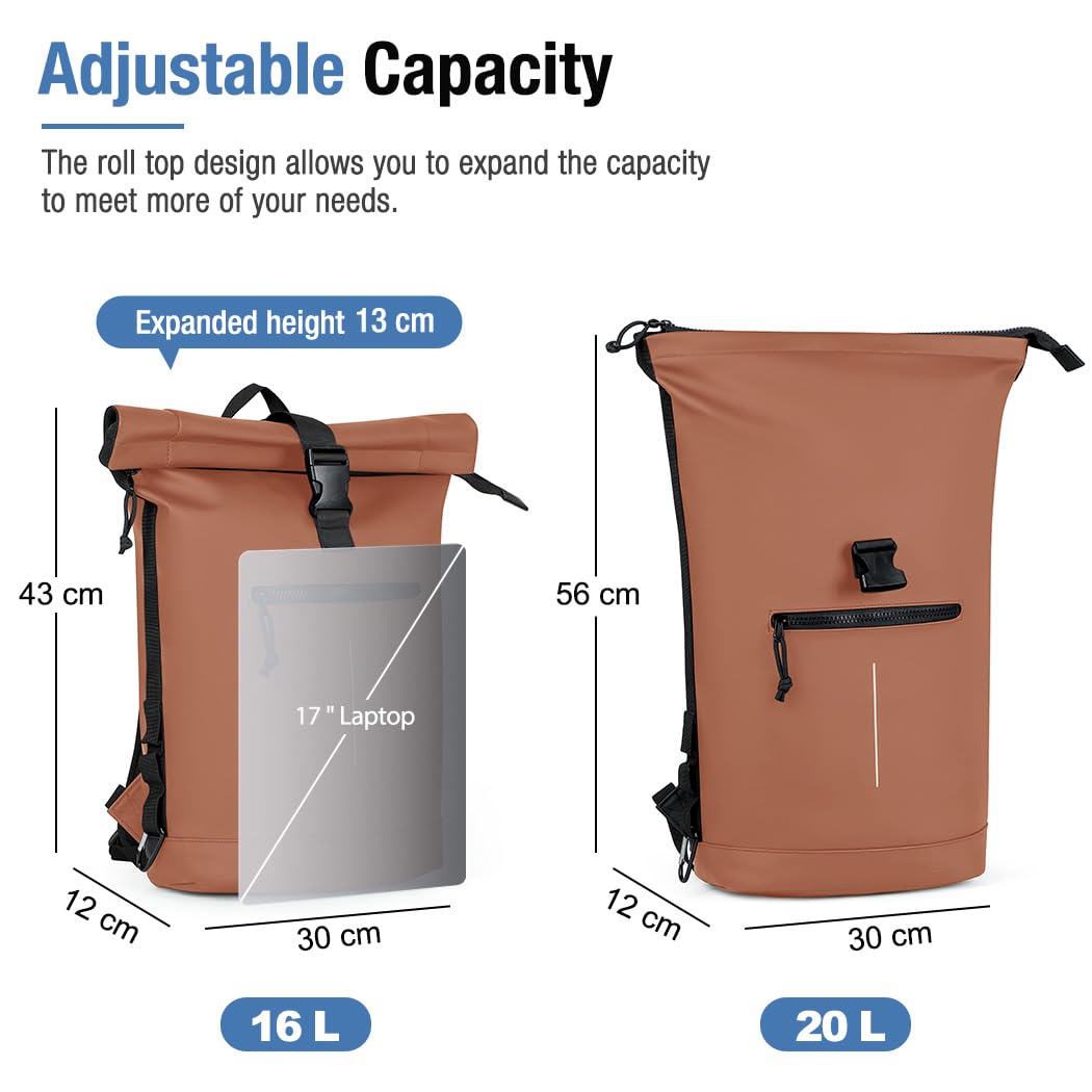 Lekeinchi Rolltop Rucksack Wasserdicht für Damen & Herren, Großer Laptop Rucksack mit Computerfach für 17 Zoll Laptop, Elegant Reiserucksack Daypack für Reisen, Radfahren, Uni Schule, Arbeit-Blau