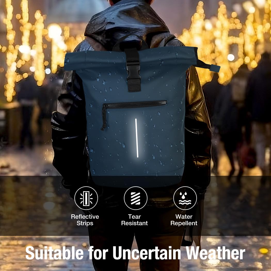 Lekeinchi Rolltop Rucksack Wasserdicht für Damen & Herren, Großer Laptop Rucksack mit Computerfach für 17 Zoll Laptop, Elegant Reiserucksack Daypack für Reisen, Radfahren, Uni Schule, Arbeit-Blau