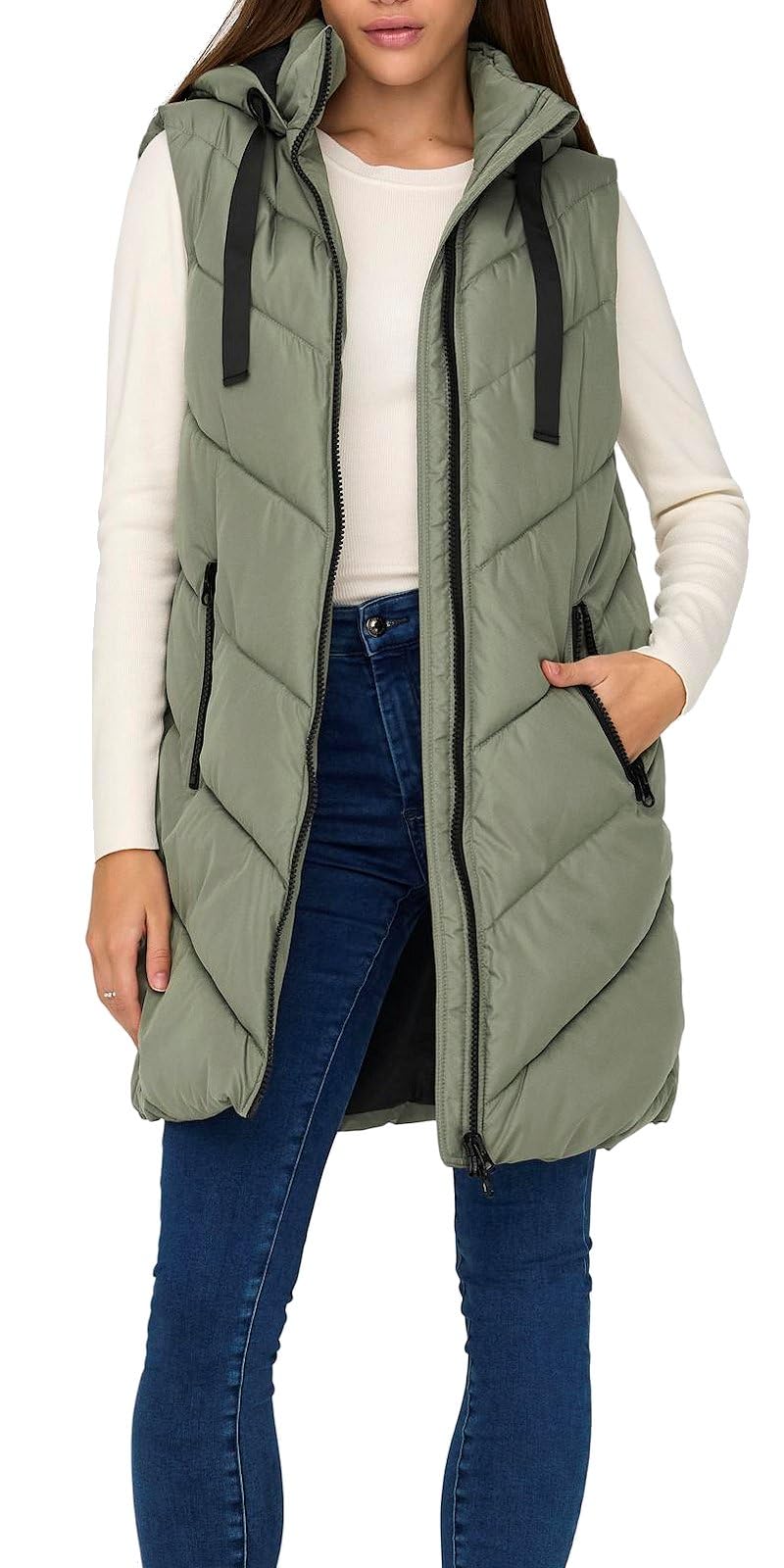 JDY JDYSkylar Women's 3/4 Length Quilted Vest Padded Hood Waistcoat with Hood