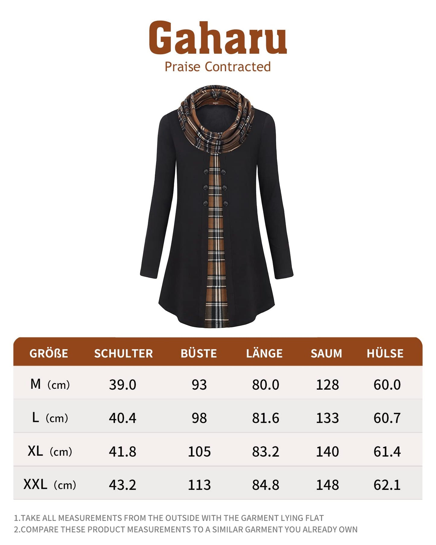 Gaharu Damen Tunika Langarm Elegant Pullover Lang Sweatshirt Schalkragen Patchwork Pulli