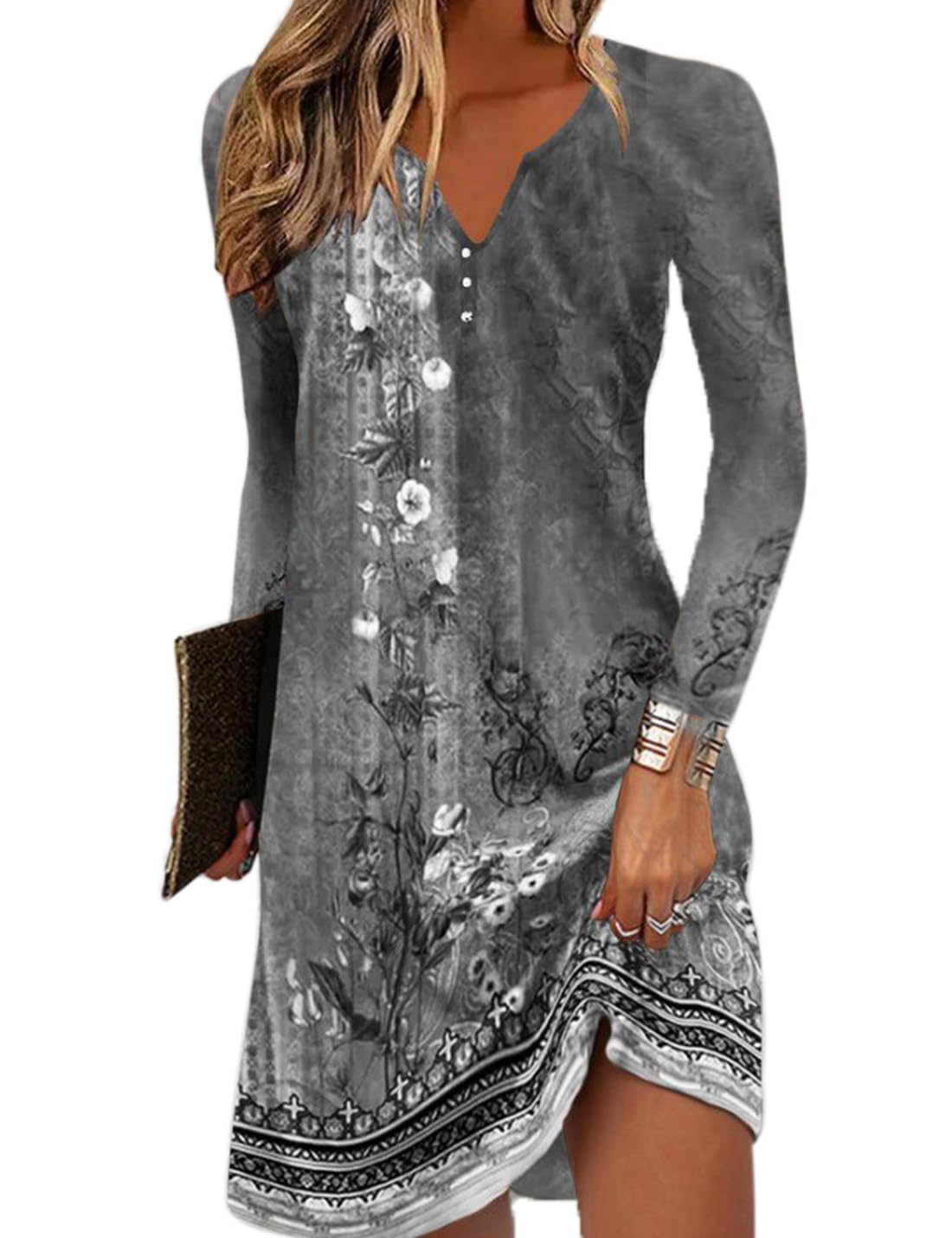 Yeenily Damen Bohemian Langarm Kleid V-Ausschnitt Blumenmuster Tunikakleider A Linien Lose Lässiges MiniKleid Freizeitkleid