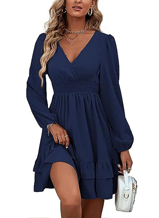 Vangreynve Damen Minikleid V-Ausschnitt A-Linie Kleider Elegant Hohe Taille Langarm Freizeitkleid