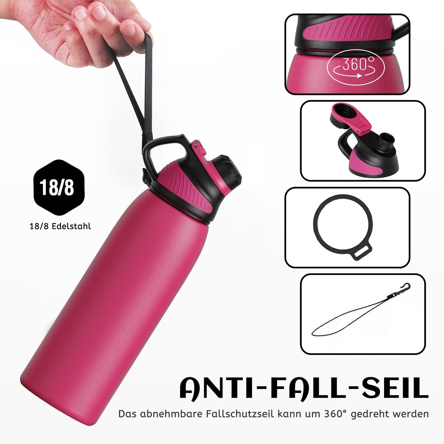 Fjbottle Edelstahl Trinkflasche Sport mit Magnetischem Deckel 1L, 800ml, 600ml, 400ml BPA-Frei Auslaufsichere Kinder Flasche - Kohlensäure geeignet 1500ML Wasserflasche Thermo für Schule, Fitness