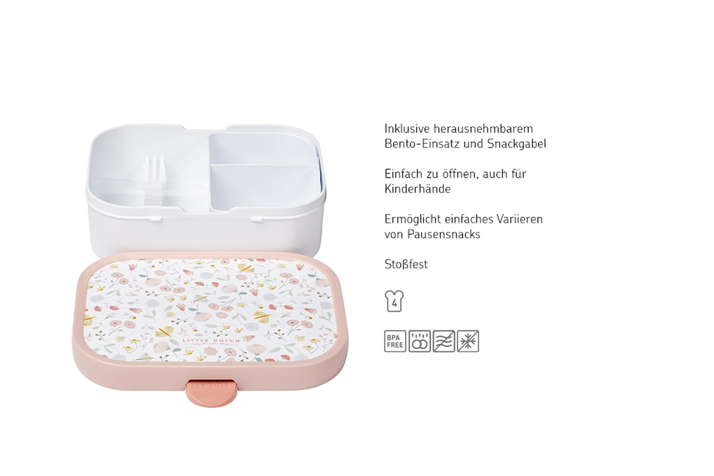 Mepal Brotdose Kinder Little Dutch – Bento Box Kinder - Brotdose Kinder mit Fächern & Gabel - Meal Prep Box mit Clip-Verschluss - BPA-frei & Spülmaschinenfest - 750 ml - Little Farm