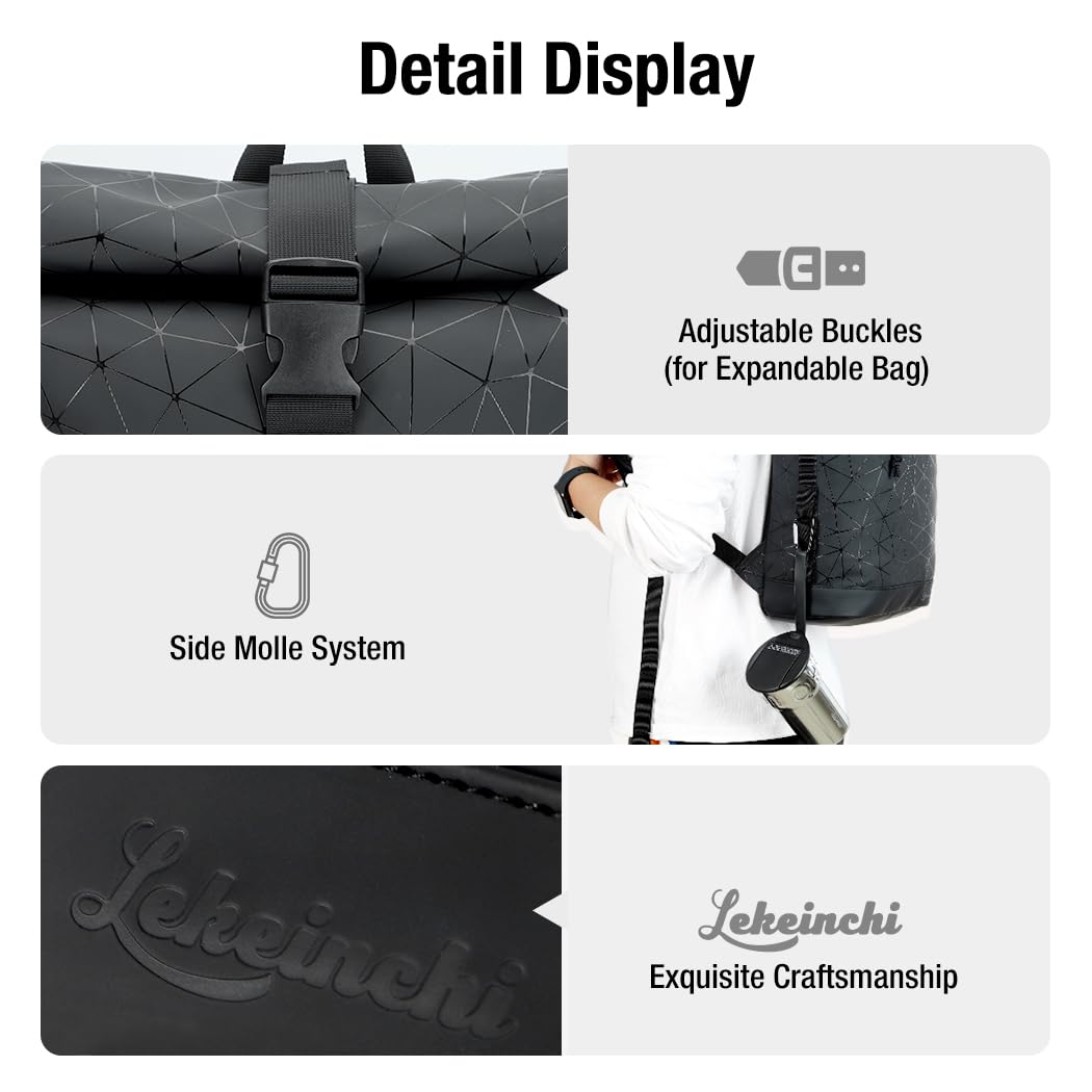 Lekeinchi Rolltop Rucksack Wasserdicht für Damen & Herren, Großer Laptop Rucksack mit Computerfach für 17 Zoll Laptop, Elegant Reiserucksack Daypack für Reisen, Radfahren, Uni Schule, Arbeit-Blau