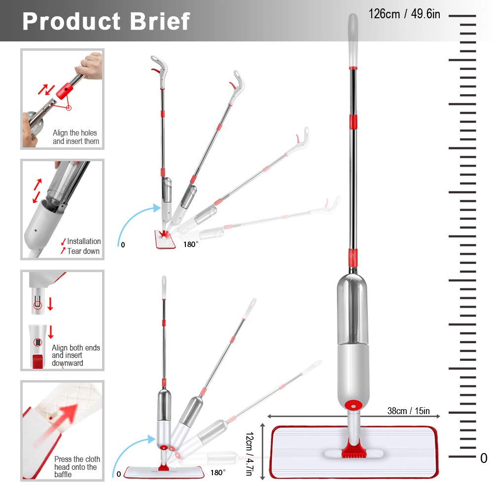 Masthome Wischmopp Bodenwischer Bodenreiniger,Mikrofaser Mopp mit 128cm Teleskopstiel,Wischer Boden Flachmopp mit 4 Moppads für Hartholz,Laminat,Fliesen,Marmor,Send Scraping Dust