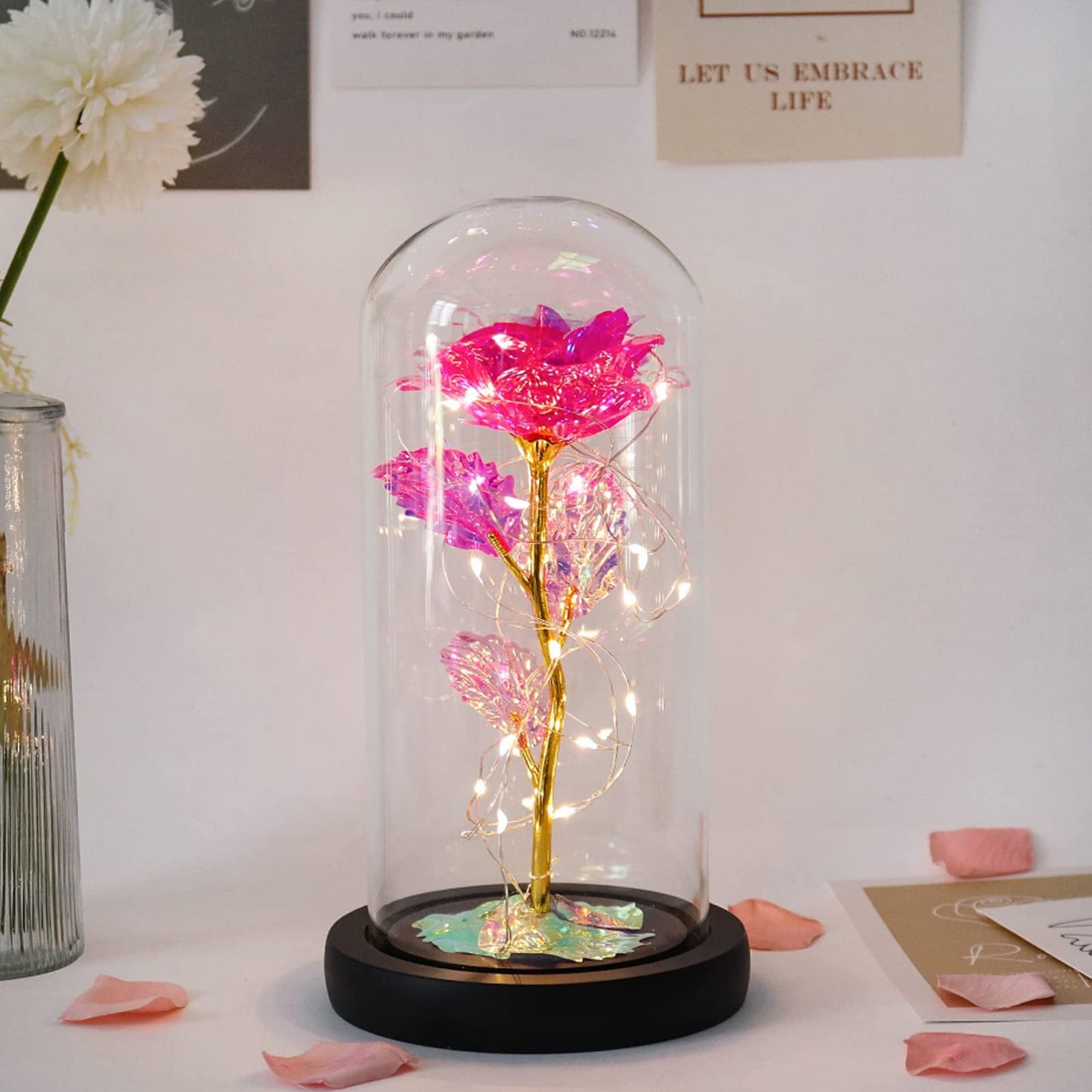 Touloube Geschenke Für Frauen, Galaxy Rose Blume Geschenk, Infinity Rose in Glaskuppel, LED-Lichterkette auf der Kristallrose, Geschenk für Frauen,Hochzeit,Muttertag,Jahrestag und Geburtstag