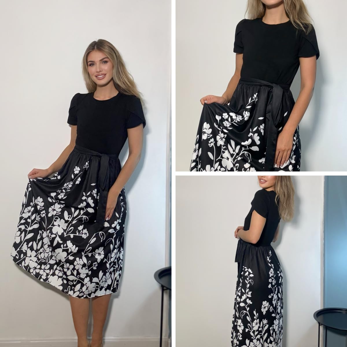 ZEAGOO Sommerkleid Damen Elegant Kleider Kurzarm Rundhals Midikleid A-Linie Blumenkleid Casual Tunika Kleid Hohe Taille Strandkleid mit Taschen S-XXL
