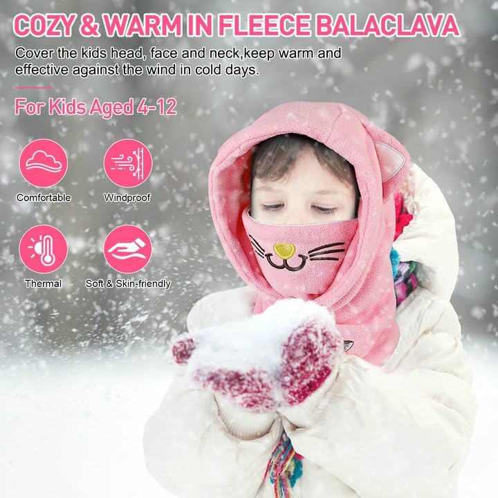 Children's Winter Thermal Fleece Balaclava 4-12 Years, Multifunctional Windproof Adjustable Face Mask, Ski Mask, Warm Hat, Balaclava, Neck Warmer Scarf for Boys and Girls, Outdoor Activities