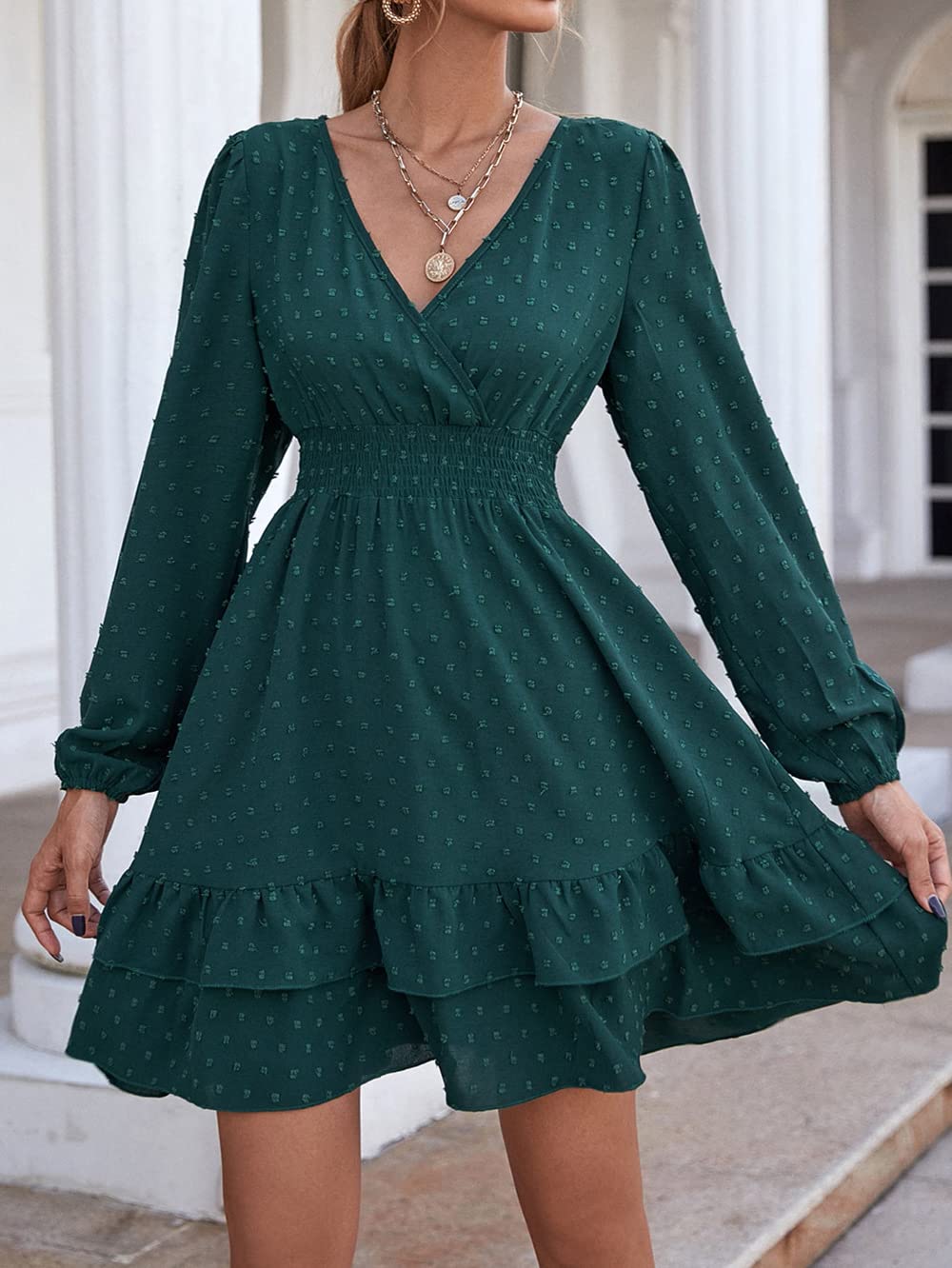 Vangreynve Damen Minikleid V-Ausschnitt A-Linie Kleider Elegant Hohe Taille Langarm Freizeitkleid