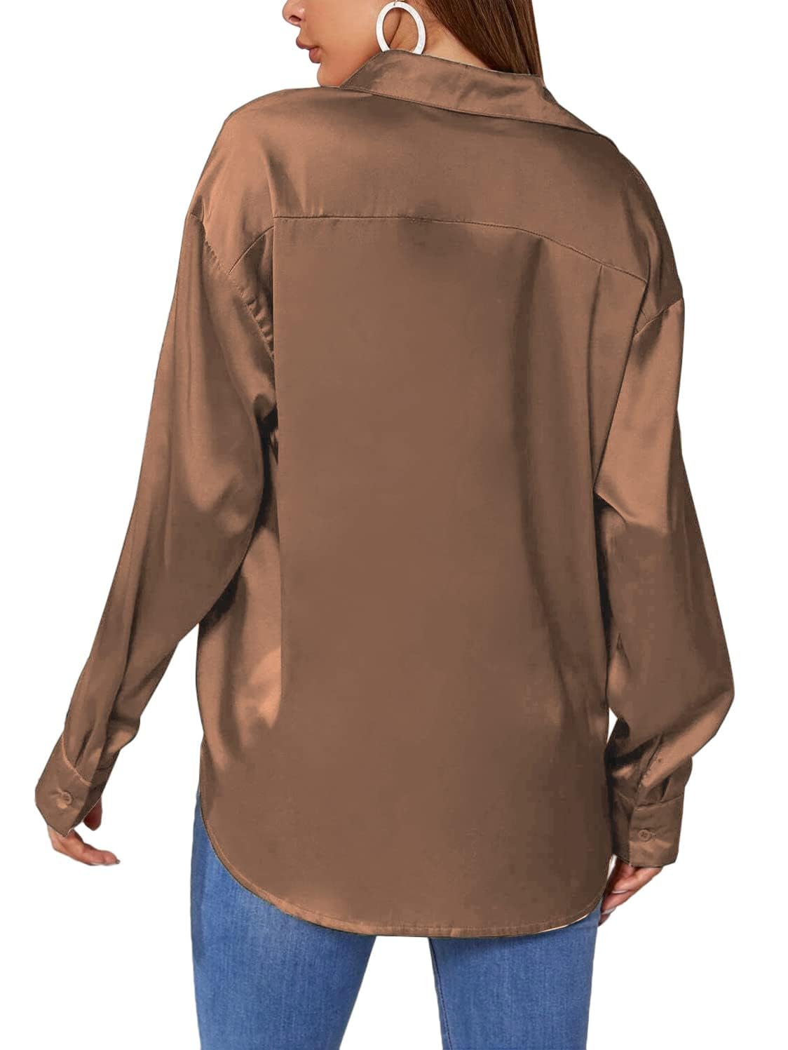 Beyove Damen Bluse Satin Seide V-Ausschnitt Hemden Elegant Langarm Business Oberteile mit Knöpfen Tops Lose Langarmshirt