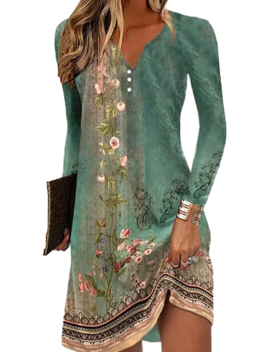 Yeenily Damen Bohemian Langarm Kleid V-Ausschnitt Blumenmuster Tunikakleider A Linien Lose Lässiges MiniKleid Freizeitkleid