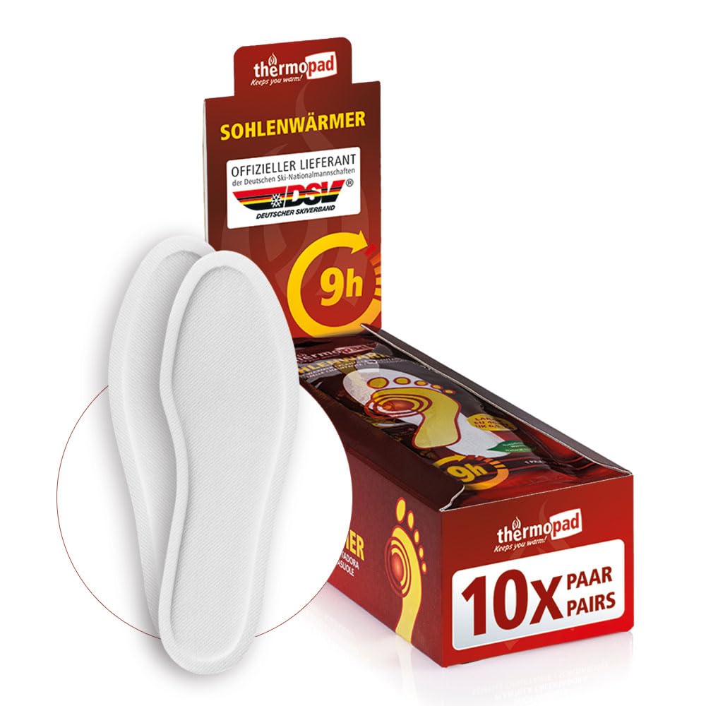 THERMOPAD Sohlenwärmer - DAS ORIGINAL: 5, 10 oder 30 Paar Wärmepads (erhältlich in 5 Größen) - Einlegesohle für 9 Stunden Wärme I Fußwärmer Pads I Extra warme Wärmesohle für Schuhe & Skischuhe