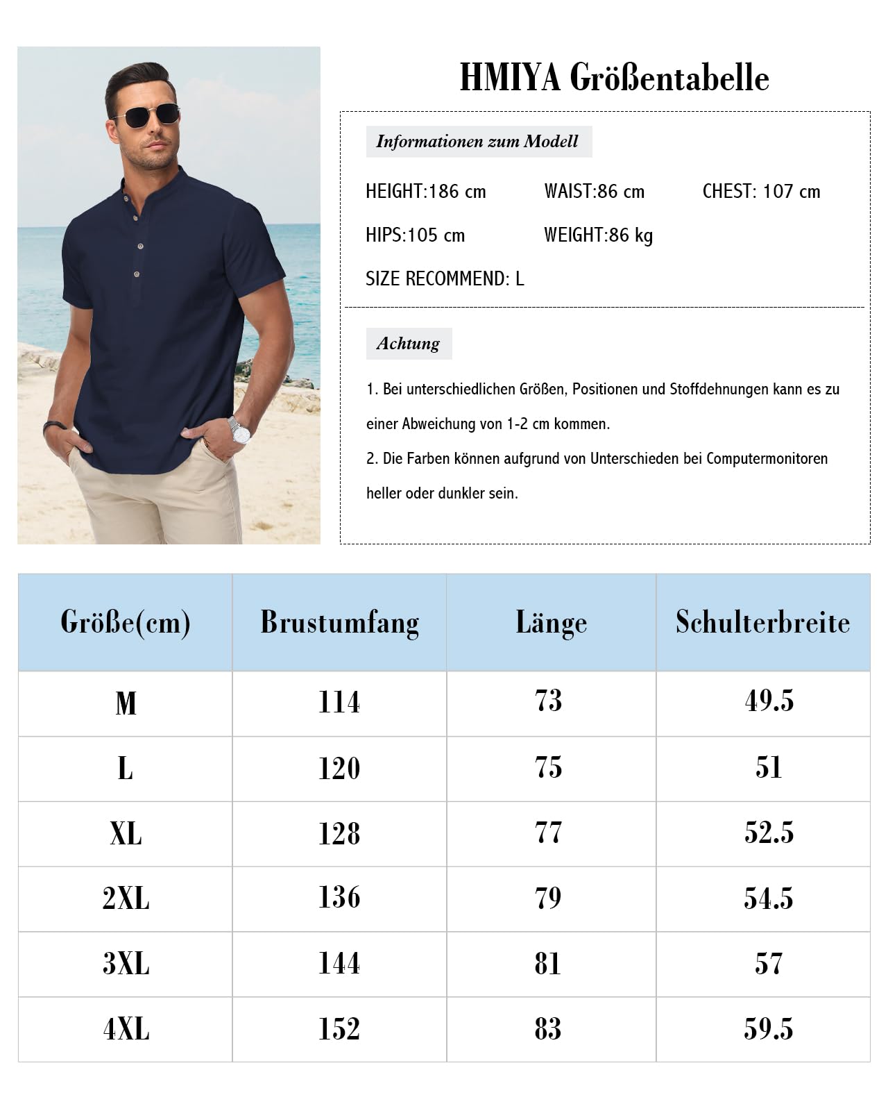 HMIYA Herren Sommerhemd Baumwolle Leinen Kurzarm Hemd Herren Henley-Kragen Lässiges Regular Fit Shirts