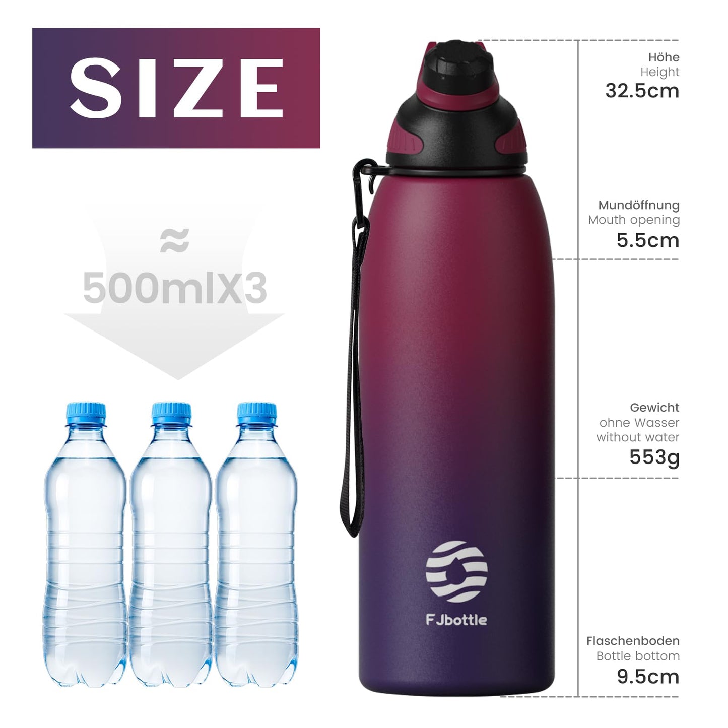 Fjbottle Edelstahl Trinkflasche Sport mit Magnetischem Deckel 1L, 800ml, 600ml, 400ml BPA-Frei Auslaufsichere Kinder Flasche - Kohlensäure geeignet 1500ML Wasserflasche Thermo für Schule, Fitness