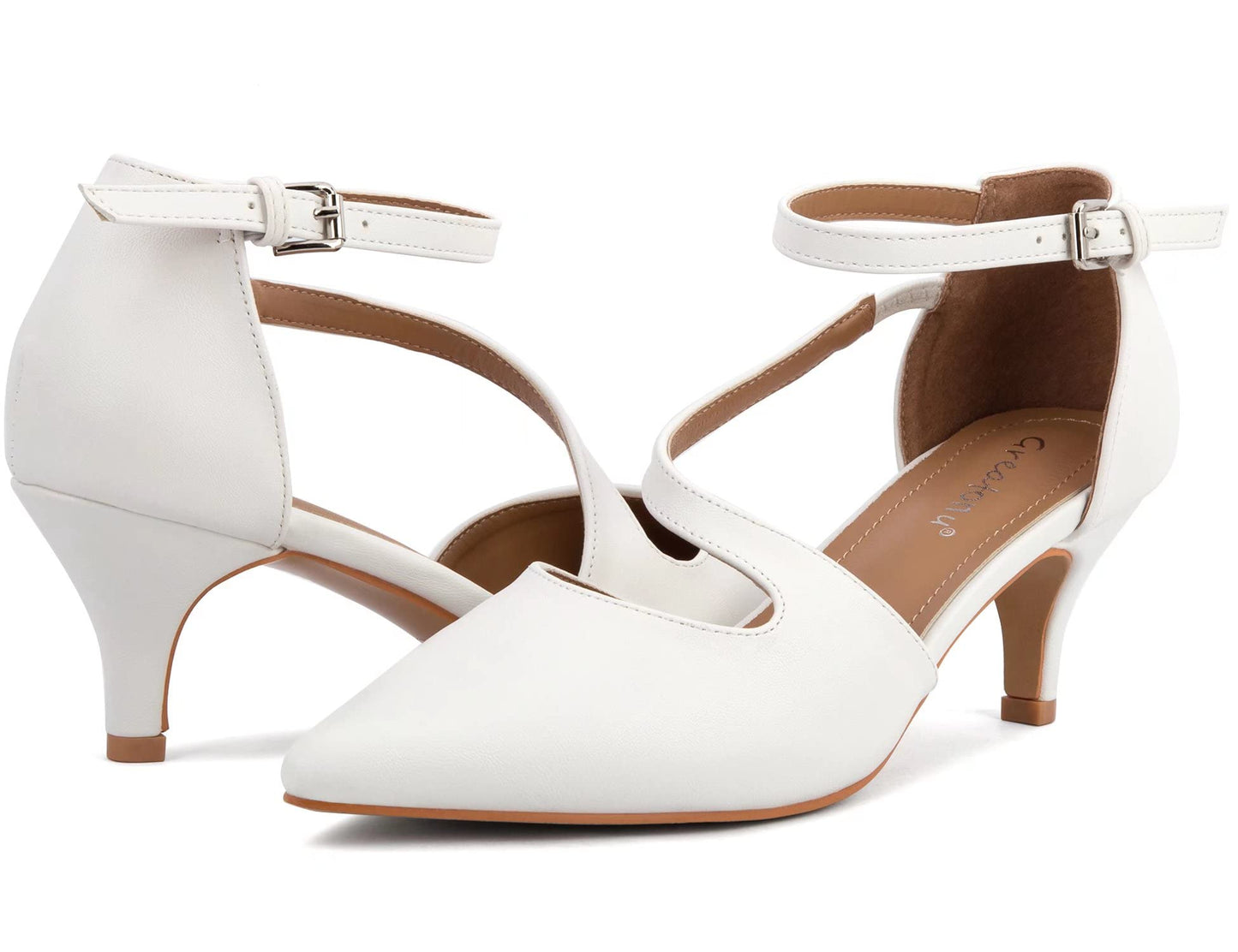 Greatonu Women's Pointed Toe Court Shoes with Ankle Strap and Kitten Heel