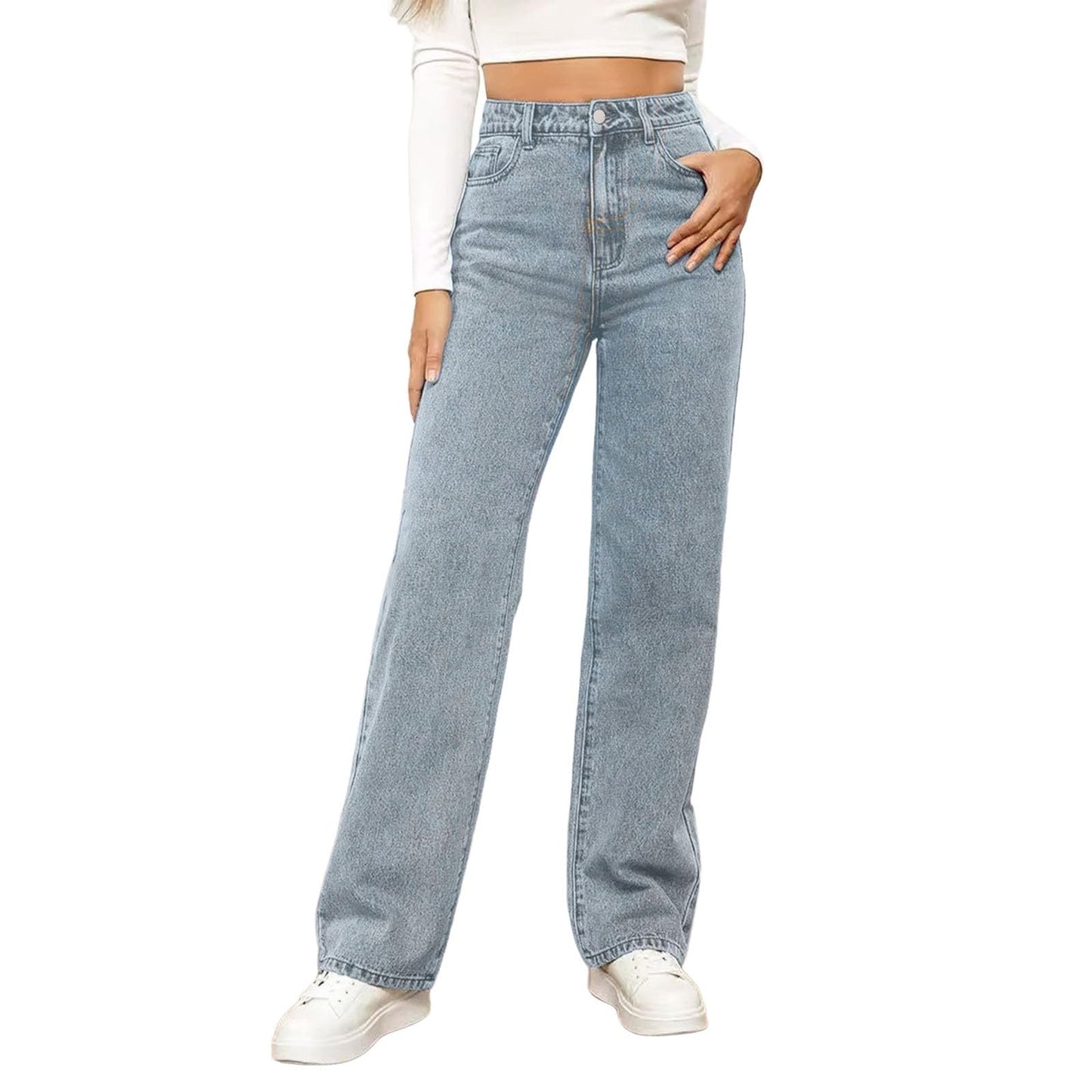 Generisch Baggy Jeans Damen - High Waist Stretch Weites Bein Hose Wide Leg Jeanshose Straight Fit Jeans Tailliert Lang Hosen Y2K Vintage Freiziethose Lockere Gerade Damenjeans