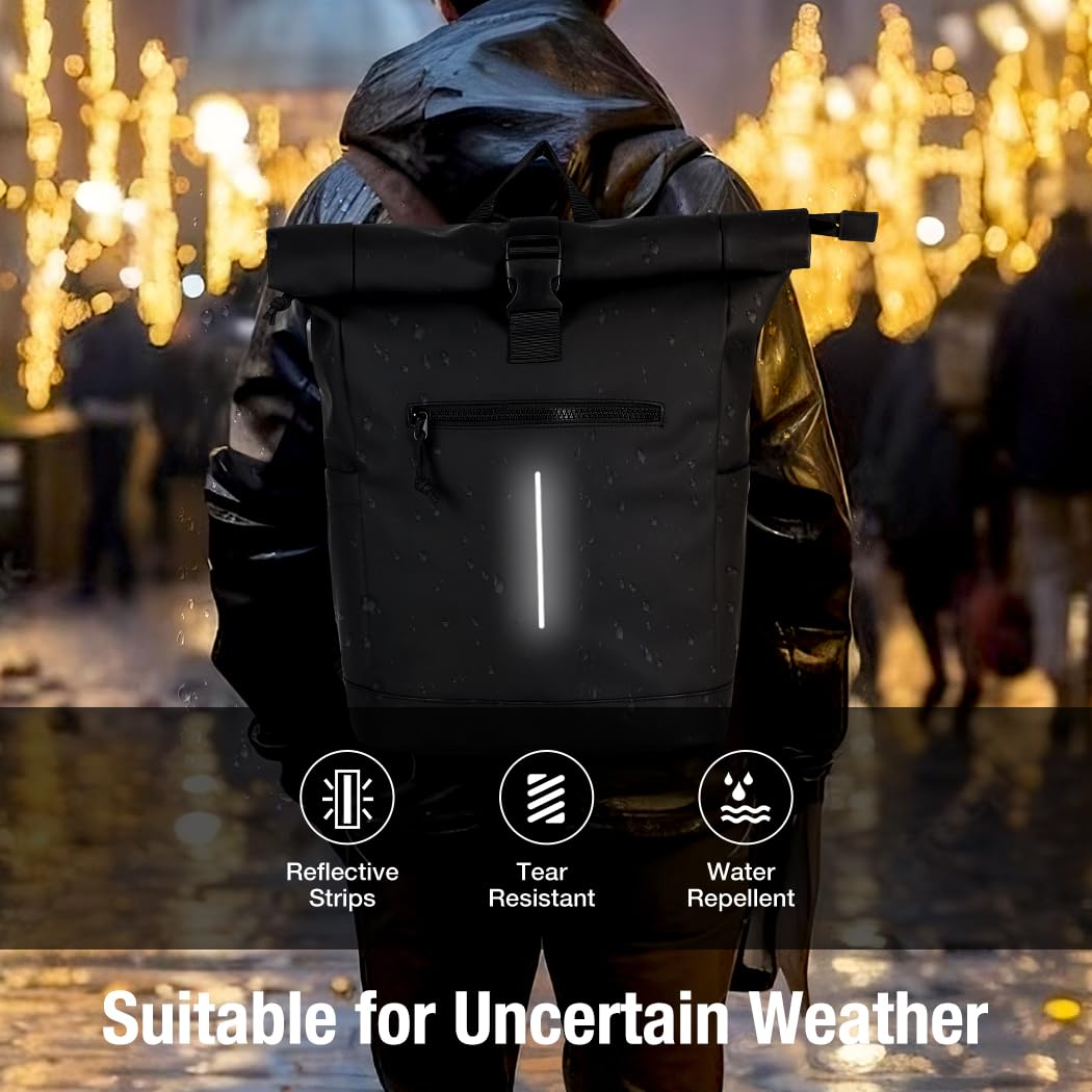 Lekeinchi Rolltop Rucksack Wasserdicht für Damen & Herren, Großer Laptop Rucksack mit Computerfach für 17 Zoll Laptop, Elegant Reiserucksack Daypack für Reisen, Radfahren, Uni Schule, Arbeit-Blau