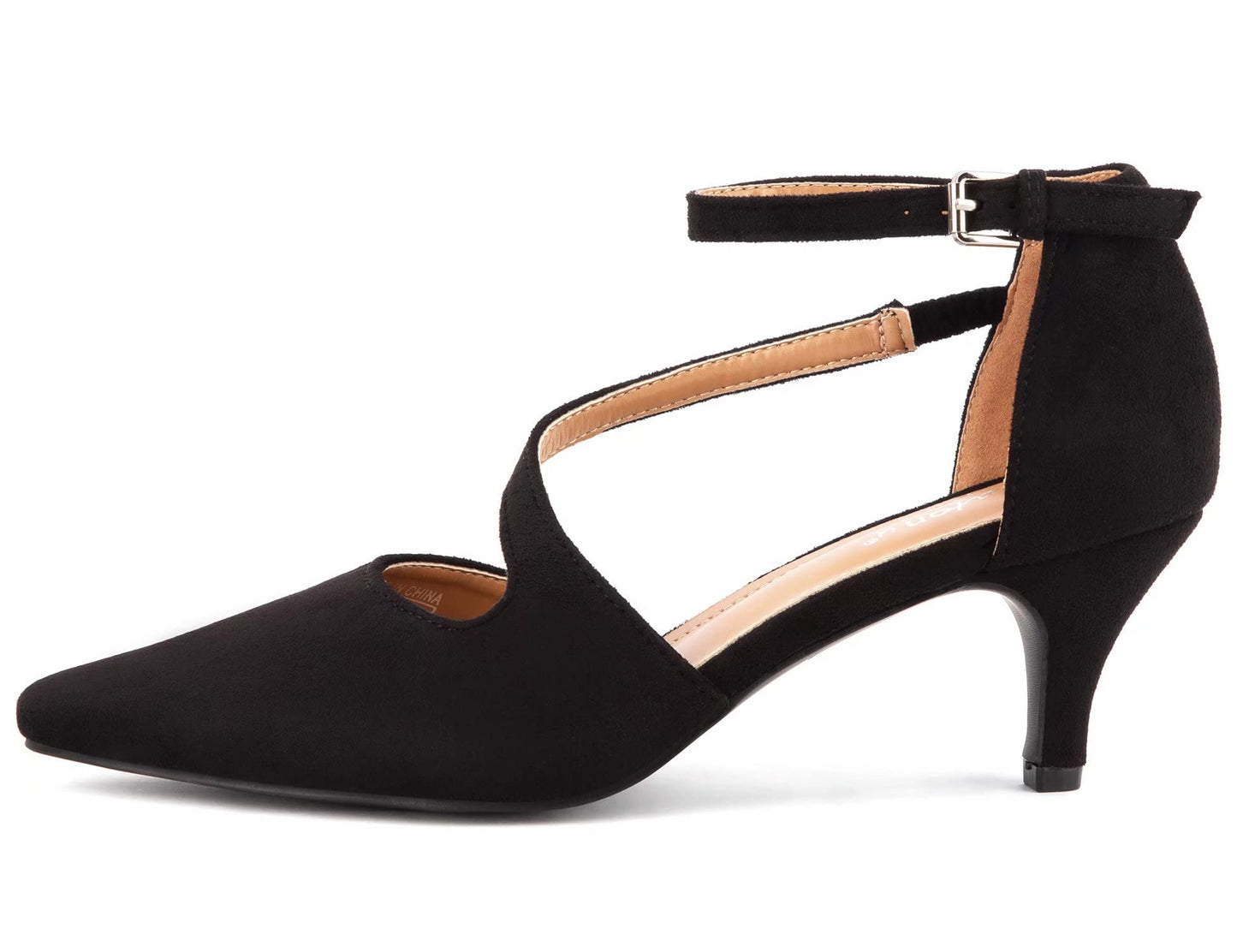 Greatonu Women's Pointed Toe Court Shoes with Ankle Strap and Kitten Heel
