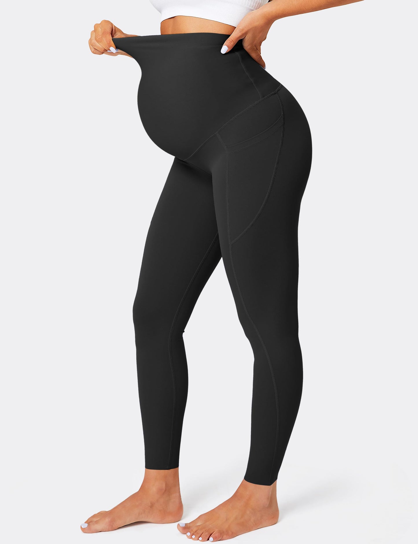 BAYDI Damen Umstandsleggings mit Taschen Blickdichte Lange Schwangerschaftsleggings High Waist Umstandshose Damen Weich elastisch Schwangerschaftshose