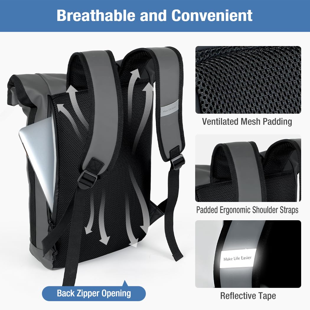 Lekeinchi Rolltop Rucksack Wasserdicht für Damen & Herren, Großer Laptop Rucksack mit Computerfach für 17 Zoll Laptop, Elegant Reiserucksack Daypack für Reisen, Radfahren, Uni Schule, Arbeit-Blau