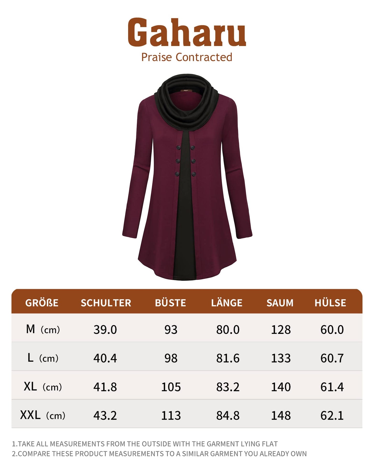 Gaharu Damen Tunika Langarm Elegant Pullover Lang Sweatshirt Schalkragen Patchwork Pulli