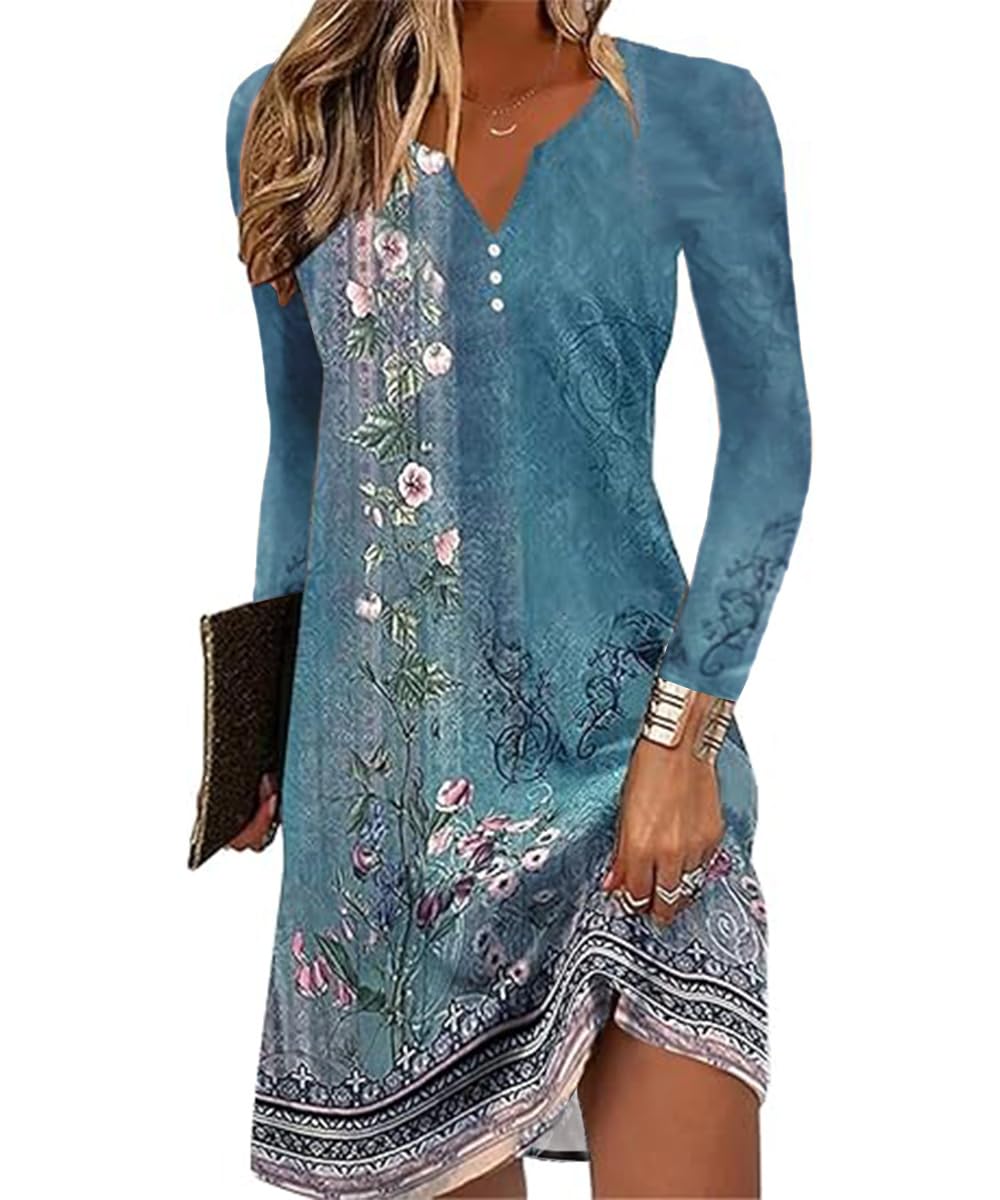 Yeenily Damen Bohemian Langarm Kleid V-Ausschnitt Blumenmuster Tunikakleider A Linien Lose Lässiges MiniKleid Freizeitkleid