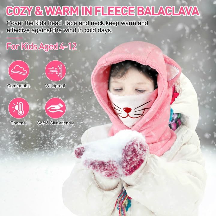 Children's Winter Thermal Fleece Balaclava 4-12 Years, Multifunctional Windproof Adjustable Face Mask, Ski Mask, Warm Hat, Balaclava, Neck Warmer Scarf for Boys and Girls, Outdoor Activities