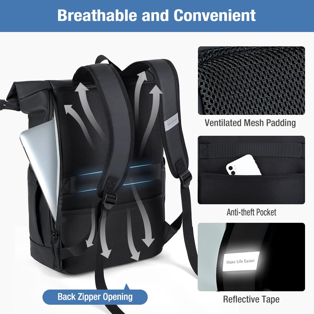 Lekeinchi Rolltop Rucksack Wasserdicht für Damen & Herren, Großer Laptop Rucksack mit Computerfach für 17 Zoll Laptop, Elegant Reiserucksack Daypack für Reisen, Radfahren, Uni Schule, Arbeit-Blau