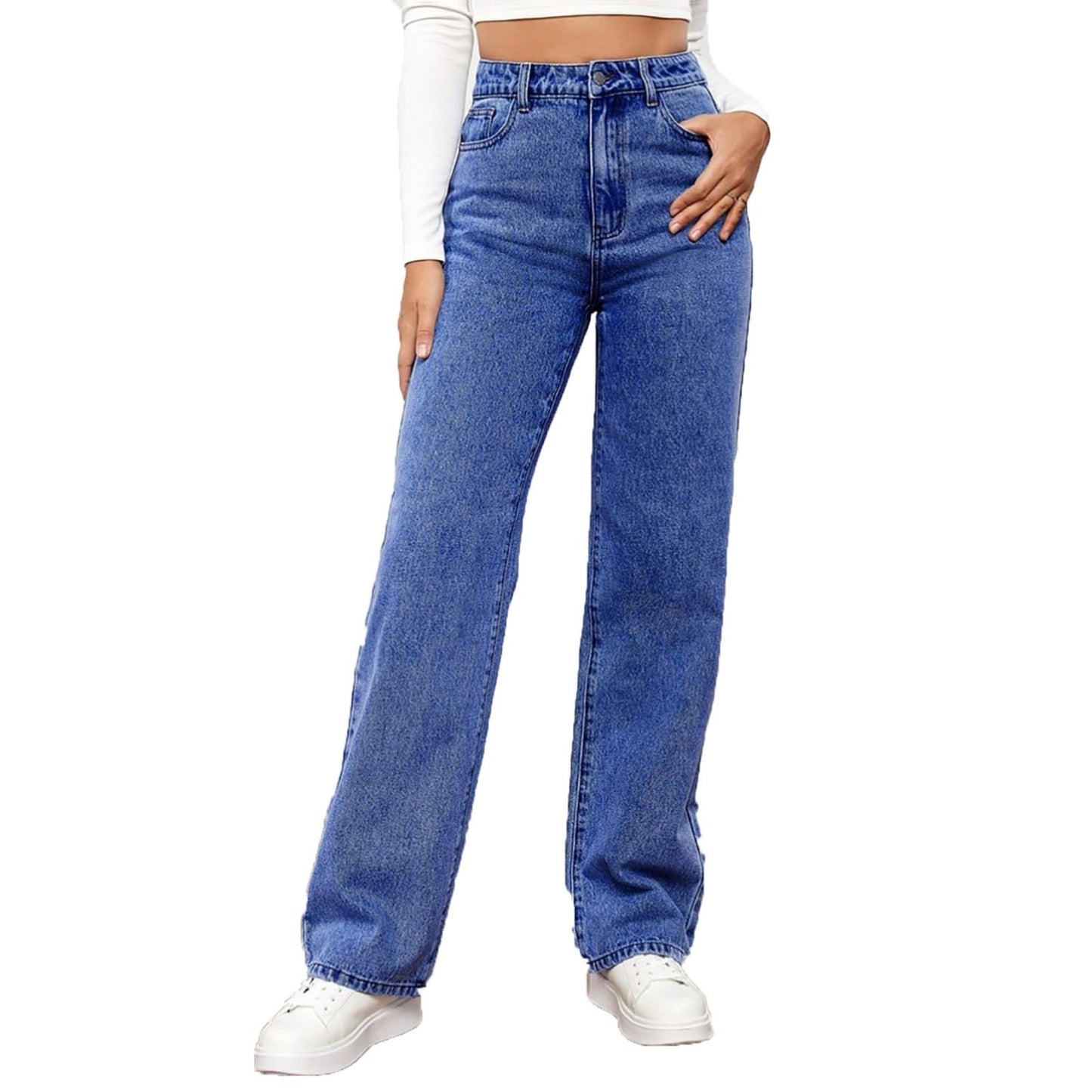 Generisch Baggy Jeans Damen - High Waist Stretch Weites Bein Hose Wide Leg Jeanshose Straight Fit Jeans Tailliert Lang Hosen Y2K Vintage Freiziethose Lockere Gerade Damenjeans