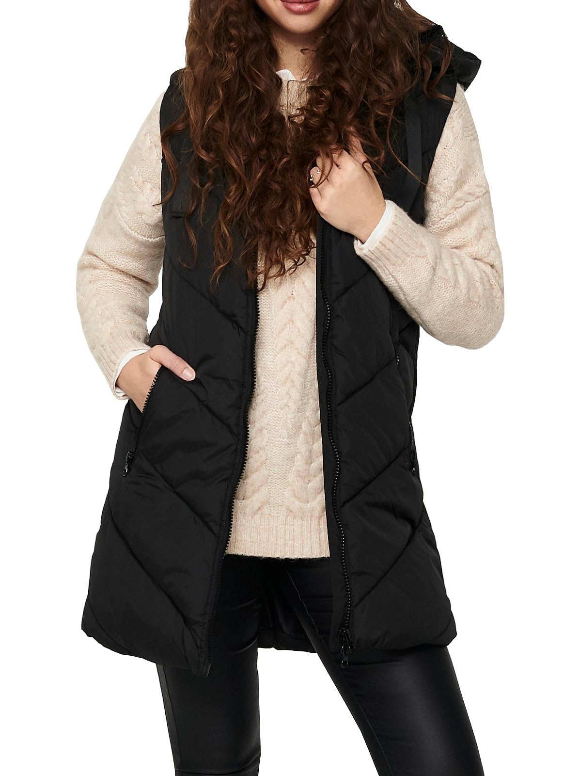 JDY JDYSkylar Women's 3/4 Length Quilted Vest Padded Hood Waistcoat with Hood