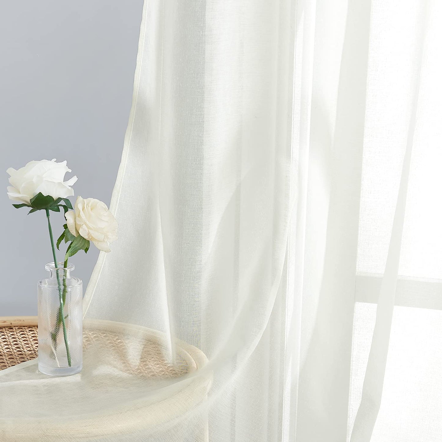 PONY DANCE Voile Gardinen Weiss Transparent Ösenvorhang 2er Set H 160 x B 140 cm Wohnzimmer Gardinen Kurz Durchlässige Vorhänge Weiß Vorhang Leinenoptik Schlafzimmer