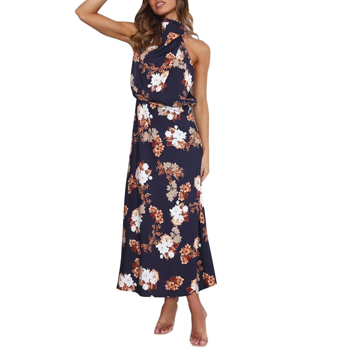 Odizli Damen Elegant Ärmellos Neckholder Satin Sommer Hochzeit Lang Abendkleider