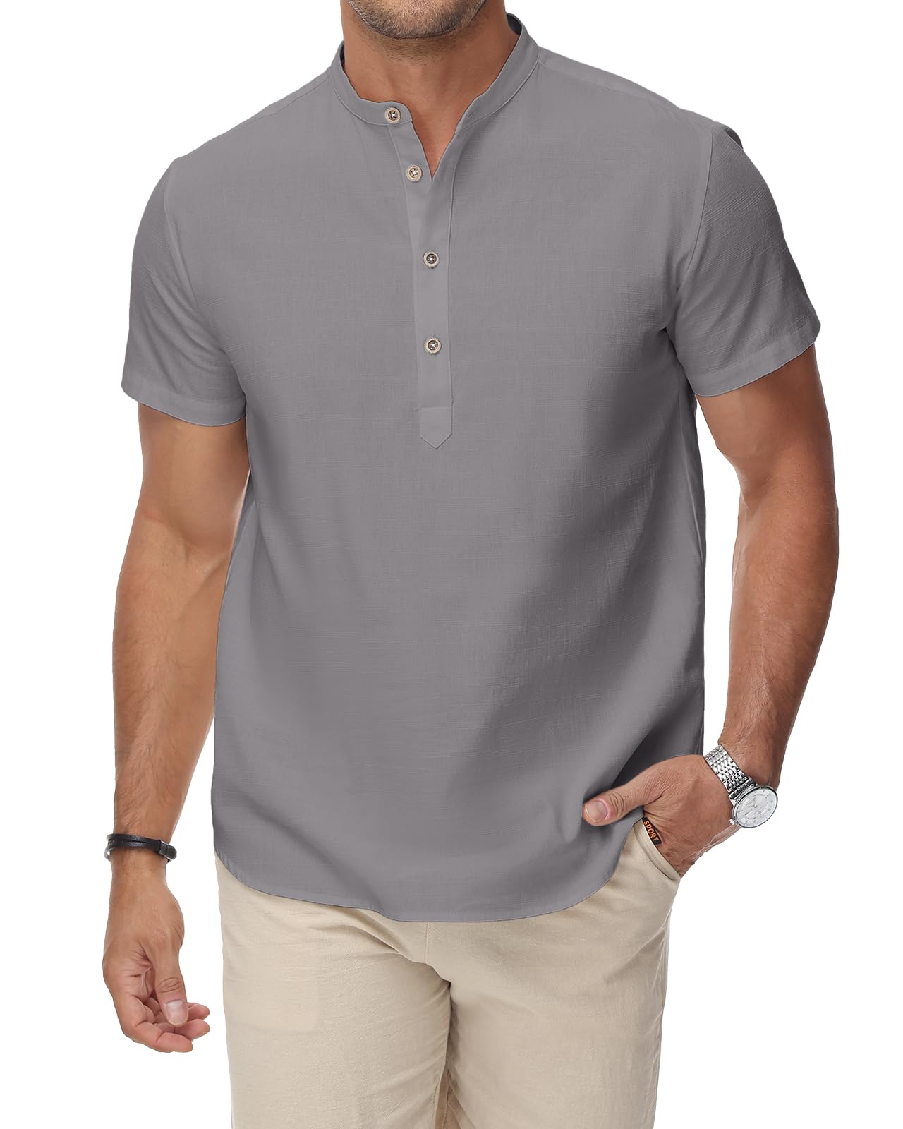 HMIYA Herren Sommerhemd Baumwolle Leinen Kurzarm Hemd Herren Henley-Kragen Lässiges Regular Fit Shirts
