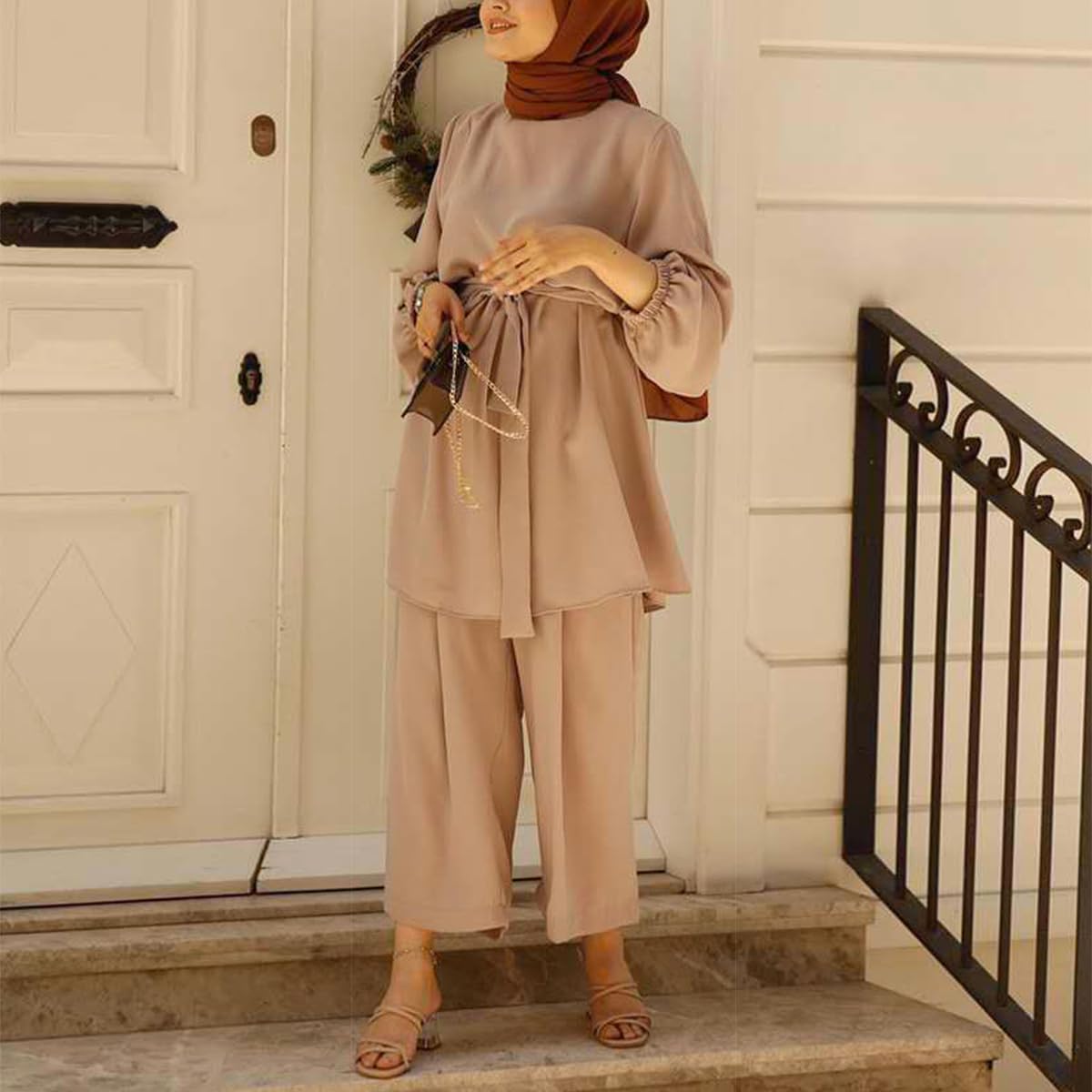 Gebetskleidung Muslim Damen Langarm Top + Lang Hose 2 Teiler Ramadan Outfit