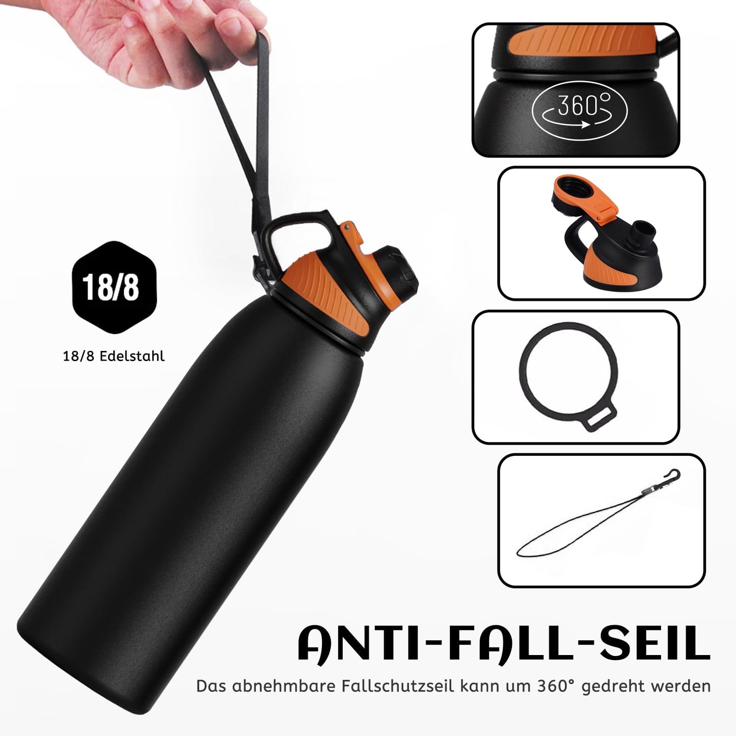 Fjbottle Edelstahl Trinkflasche Sport mit Magnetischem Deckel 1L, 800ml, 600ml, 400ml BPA-Frei Auslaufsichere Kinder Flasche - Kohlensäure geeignet 1500ML Wasserflasche Thermo für Schule, Fitness