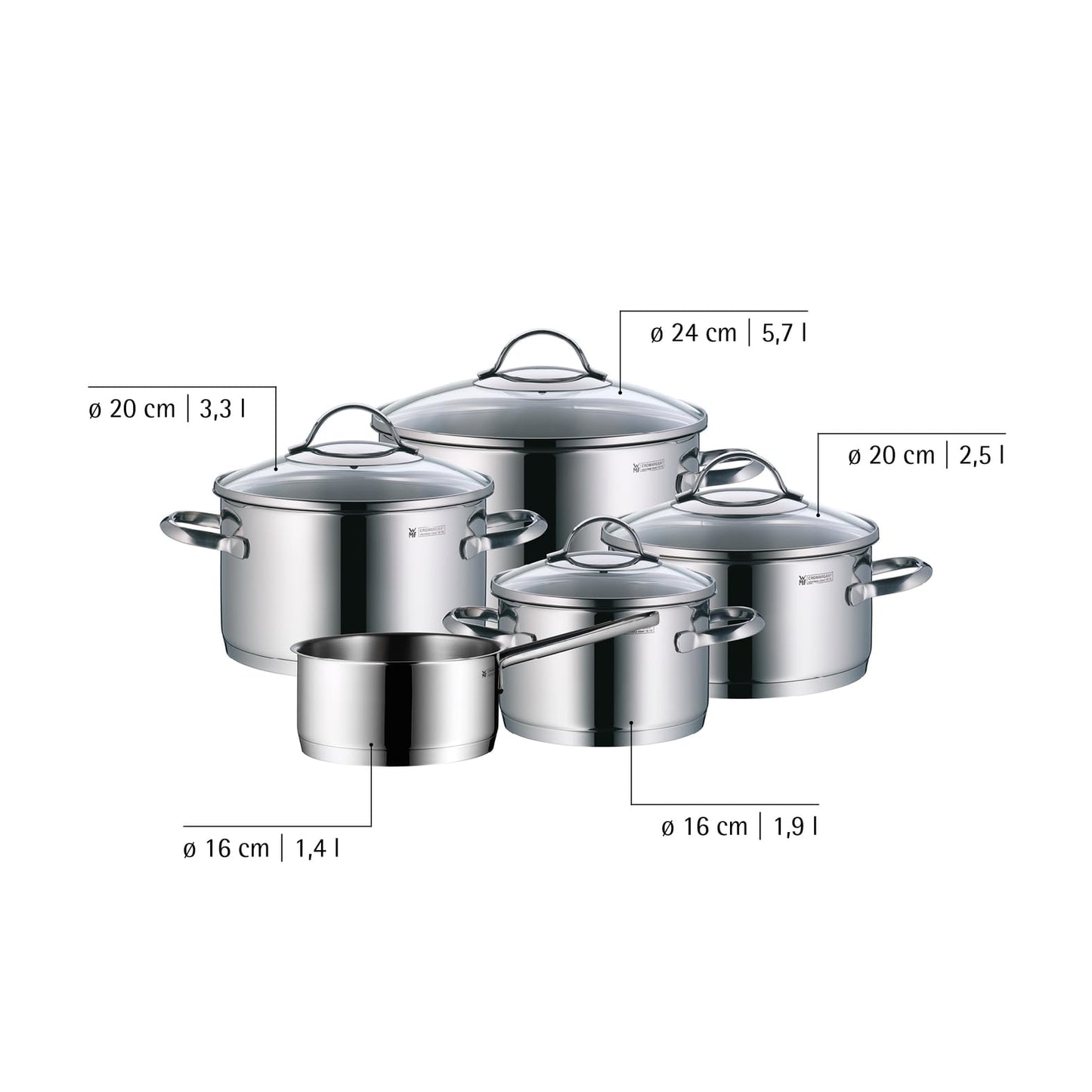 WMF Provence Plus 5-Piece Induction Saucepan Set, Uncoated Cooking Pot Set with Glass Lid, Suitable for All Types of Cookers, Induction Pots Set, without Scale, Polished Cromargan Stainless Steel