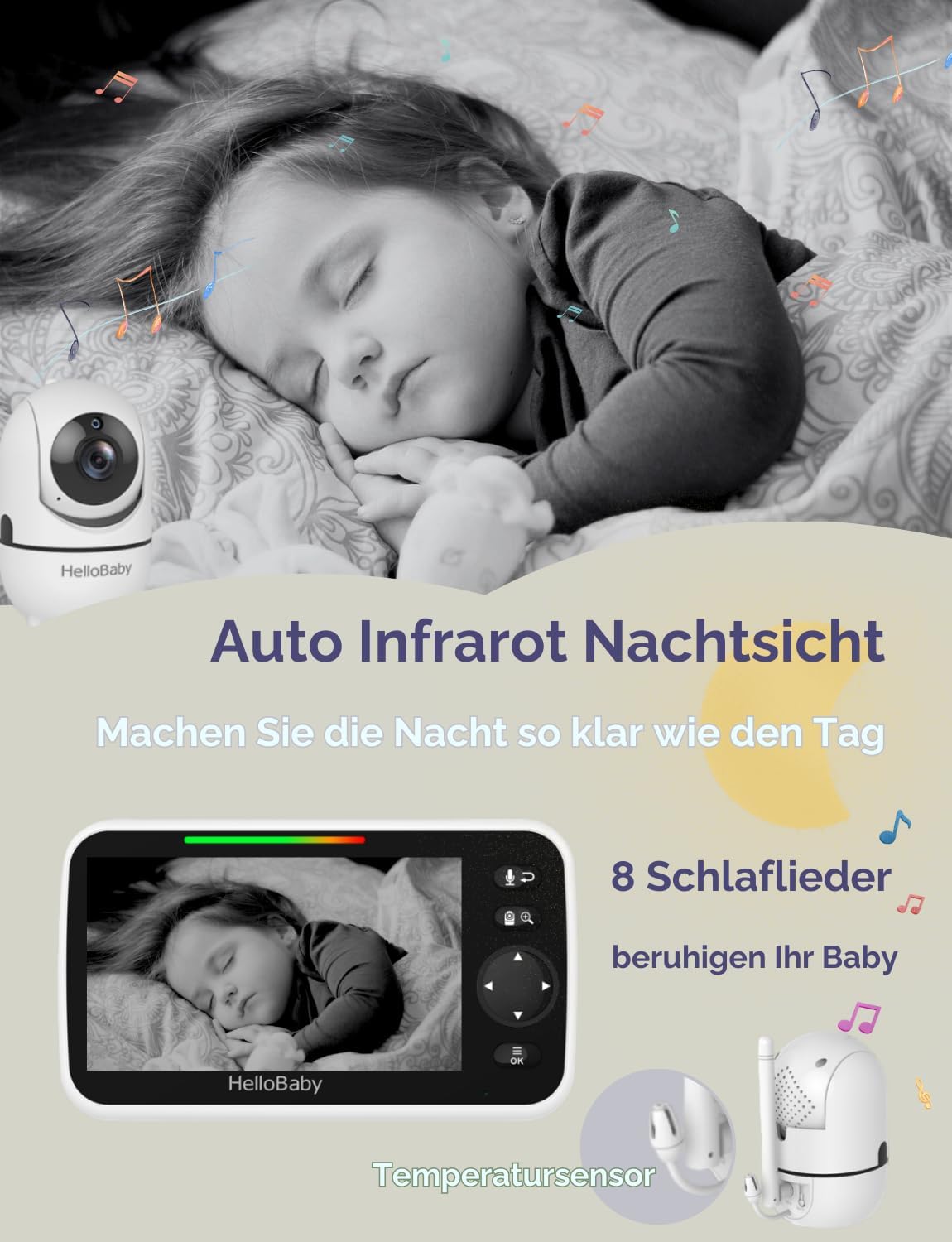 HelloBaby Babyphone mit Kamera, Kein WLAN, 5" IPS, HB6550, 3500 mAh