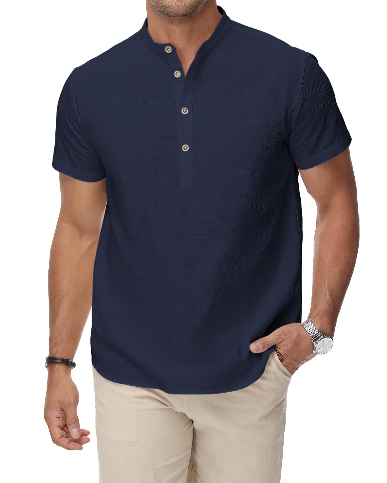HMIYA Herren Sommerhemd Baumwolle Leinen Kurzarm Hemd Herren Henley-Kragen Lässiges Regular Fit Shirts