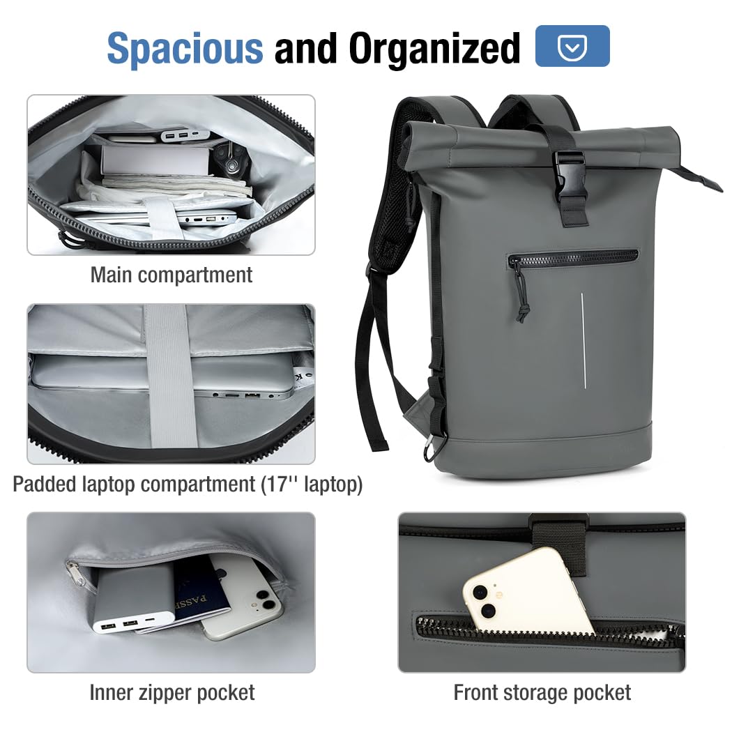 Lekeinchi Rolltop Rucksack Wasserdicht für Damen & Herren, Großer Laptop Rucksack mit Computerfach für 17 Zoll Laptop, Elegant Reiserucksack Daypack für Reisen, Radfahren, Uni Schule, Arbeit-Blau
