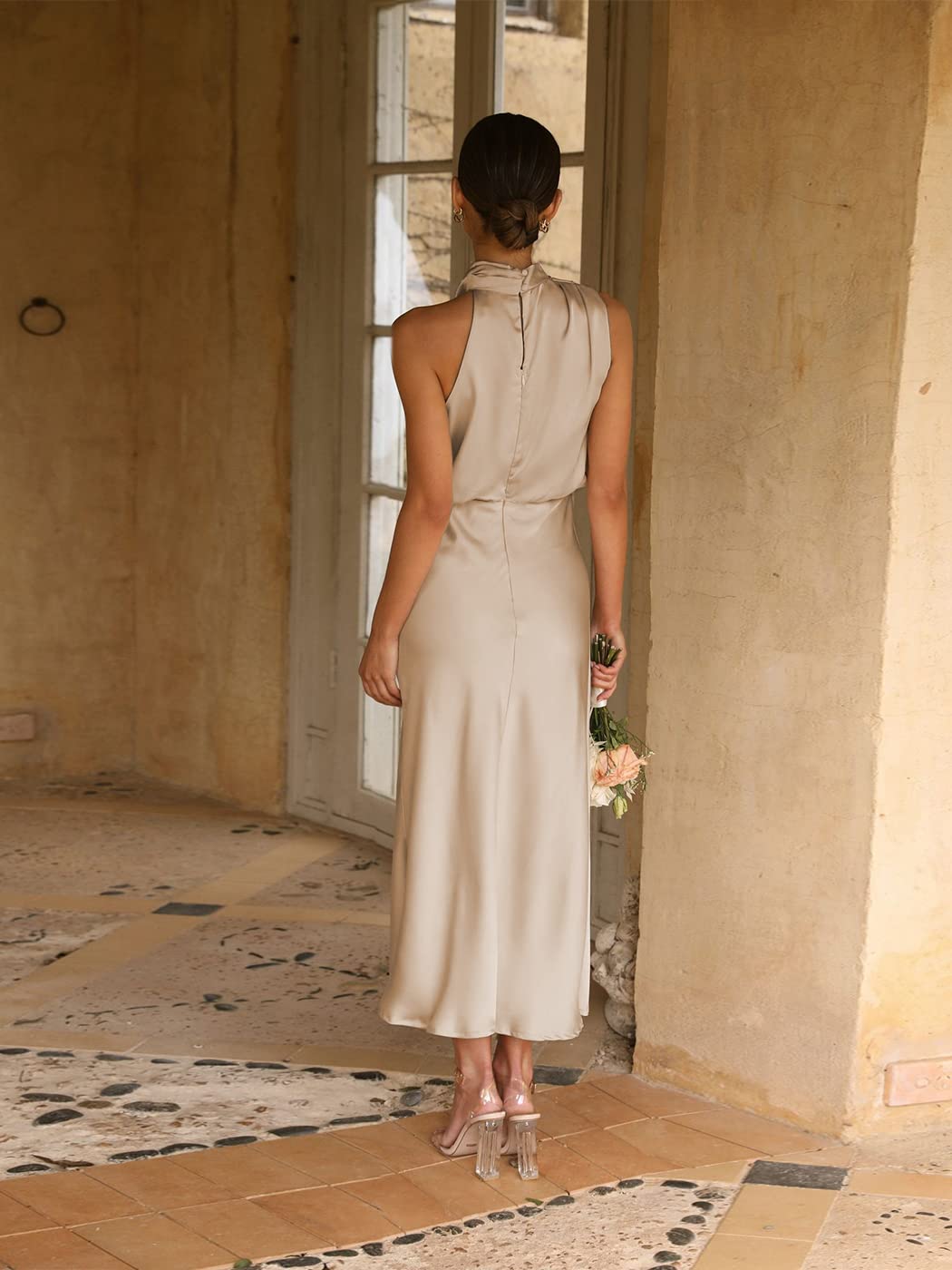 Odizli Damen Elegant Ärmellos Neckholder Satin Sommer Hochzeit Lang Abendkleider