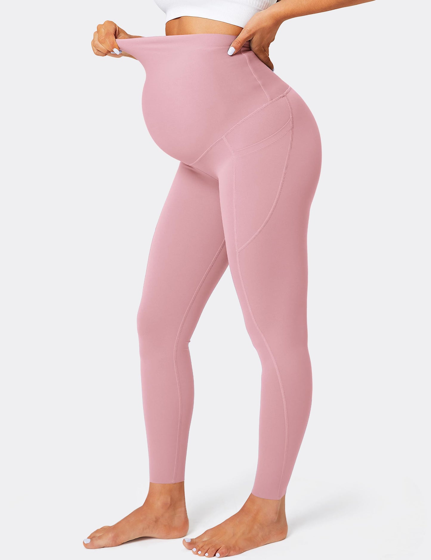 BAYDI Damen Umstandsleggings mit Taschen Blickdichte Lange Schwangerschaftsleggings High Waist Umstandshose Damen Weich elastisch Schwangerschaftshose