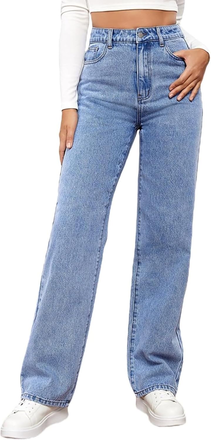 Generisch Baggy Jeans Damen - High Waist Stretch Weites Bein Hose Wide Leg Jeanshose Straight Fit Jeans Tailliert Lang Hosen Y2K Vintage Freiziethose Lockere Gerade Damenjeans