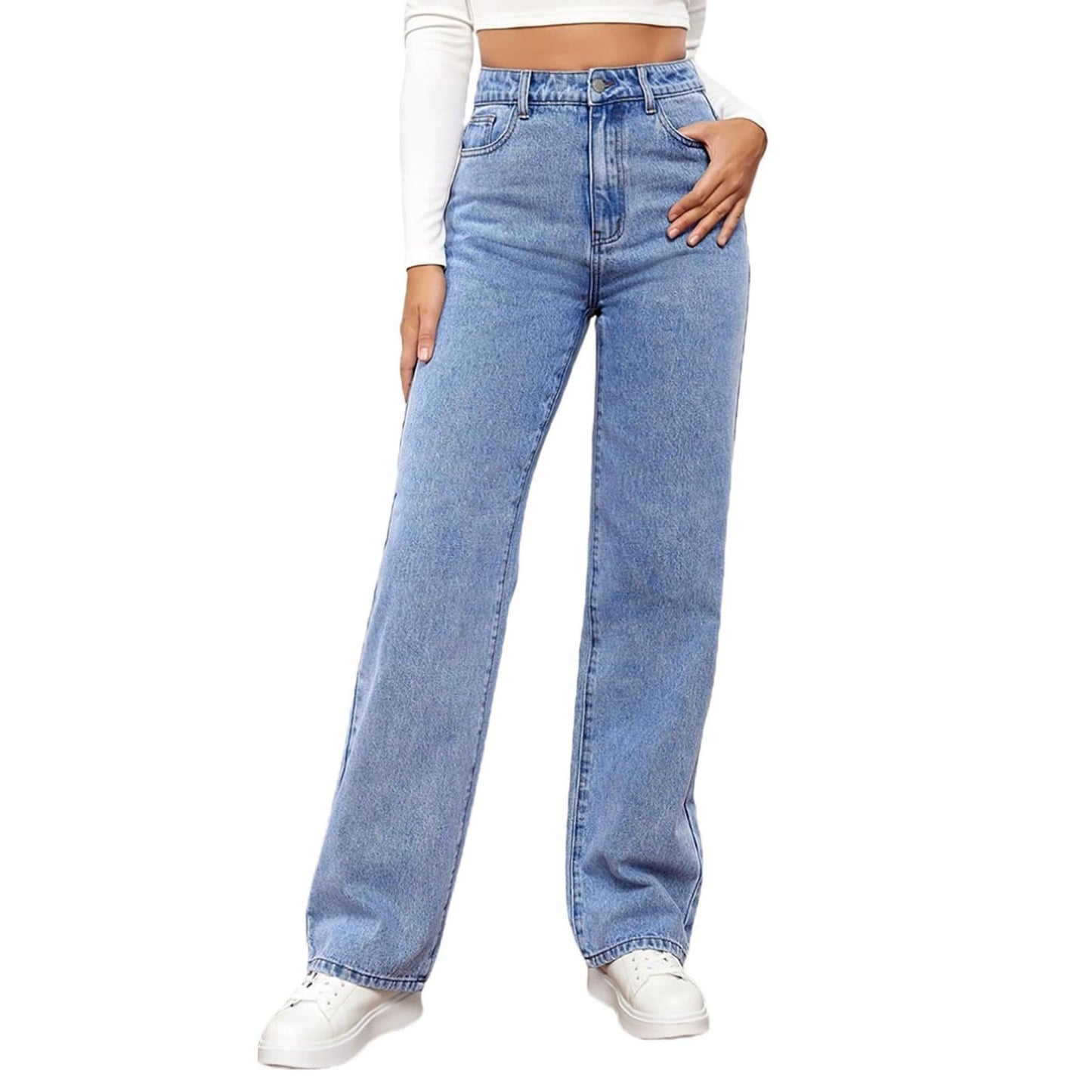 Generisch Baggy Jeans Damen - High Waist Stretch Weites Bein Hose Wide Leg Jeanshose Straight Fit Jeans Tailliert Lang Hosen Y2K Vintage Freiziethose Lockere Gerade Damenjeans