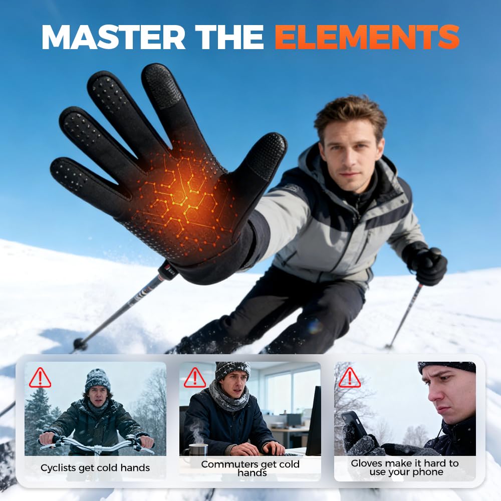 USB Heated Gloves, 2026 Winter Gloves Touch Screen, Heated Gloves Women Men, Electric Heated Ski Gloves, Cycling Gloves, Waterproof for Cycling, Running